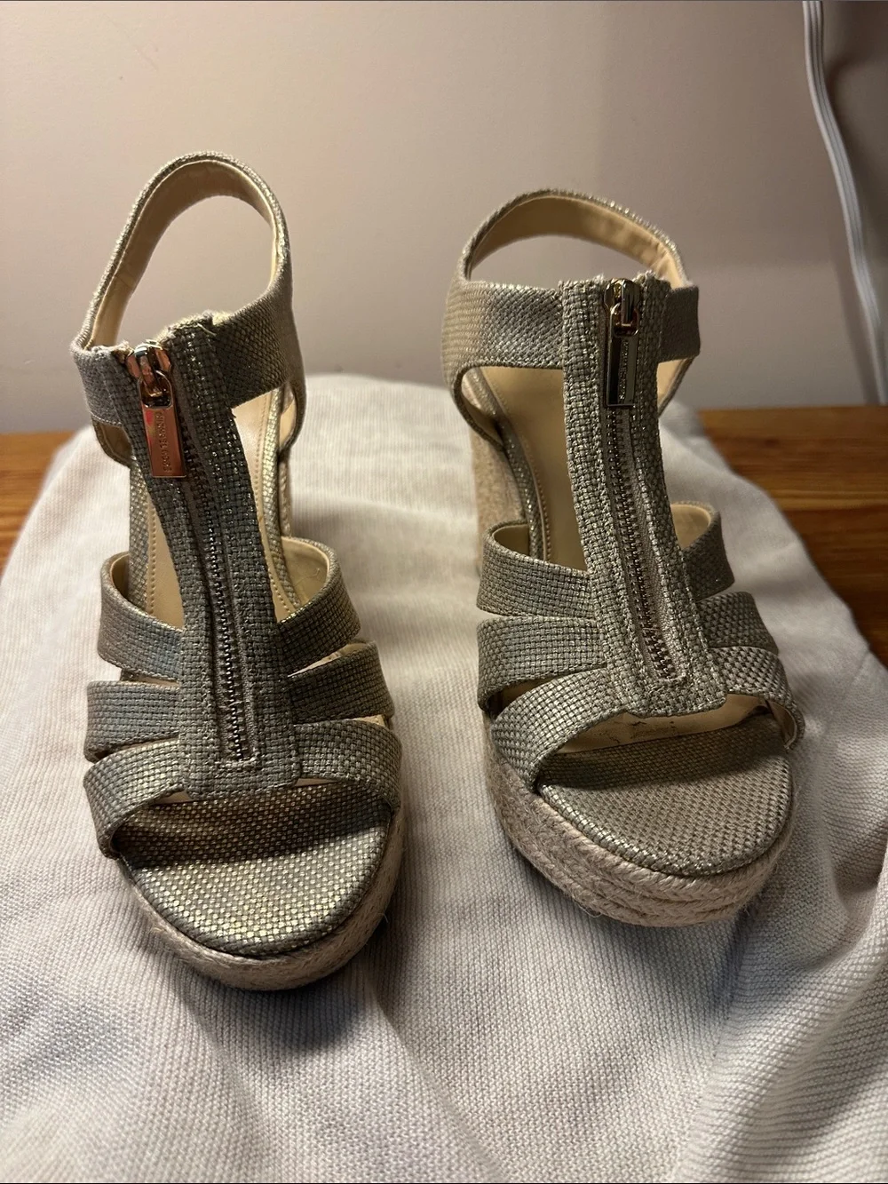 Michael Kors Metallic Gold Wedge Sandals with Front Zip